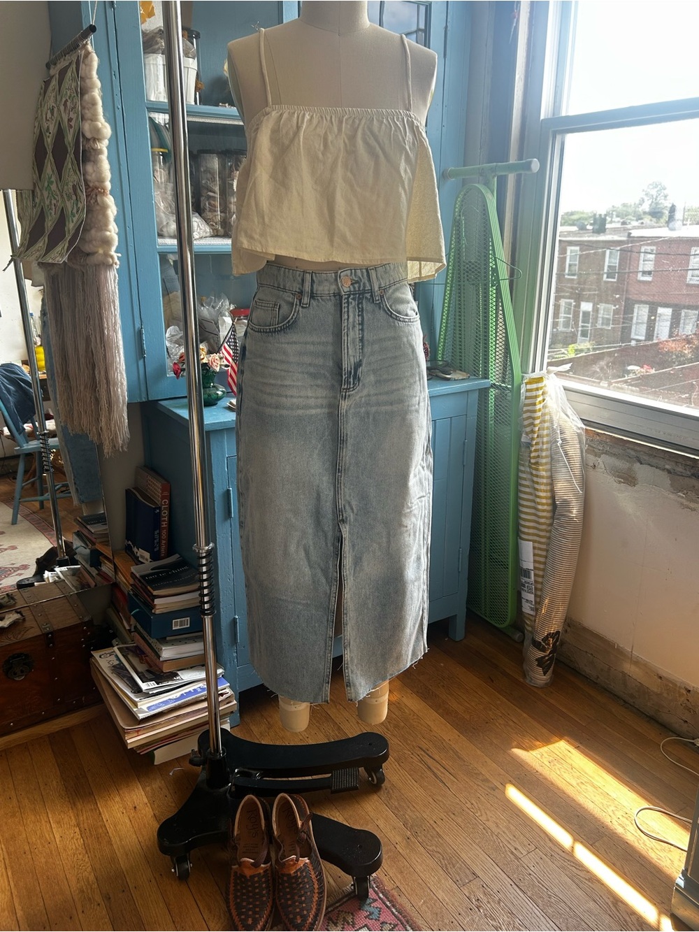Marine Layer Light Wash Denim Midi Skirt - Casual Straight Fit